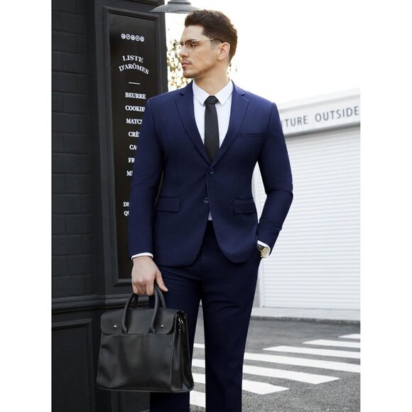 Men's Navy Single Breasted Peak Lapel 2 Piece Two Button Blazer Wedding - Picture 4 of 7